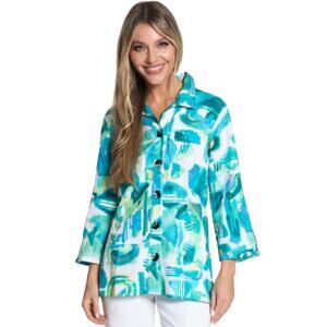 Ali Miles White Abstract Print Linen Blend V Neck Button Down Top